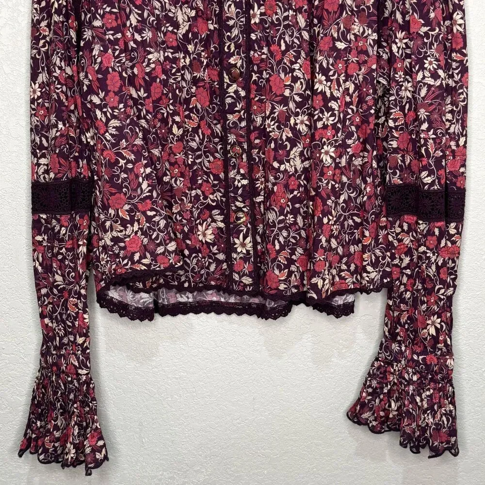Farm Rio Chelsea Garden Blouse Large Purple Floral Ruffle Boho - Picture 5 of 10